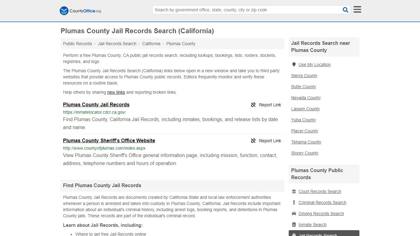 Plumas County Jail Records Search (California) - County Office